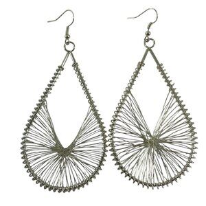 Silver Tone Wire Wrapped Teardrop Dangle Earrings Lightweight Abstract Openwork